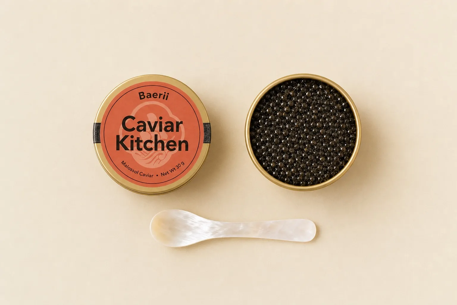 An open tin of Baerii caviar beside the Caviar Kitchen Baerii tin and a mother-of-pearl spoon