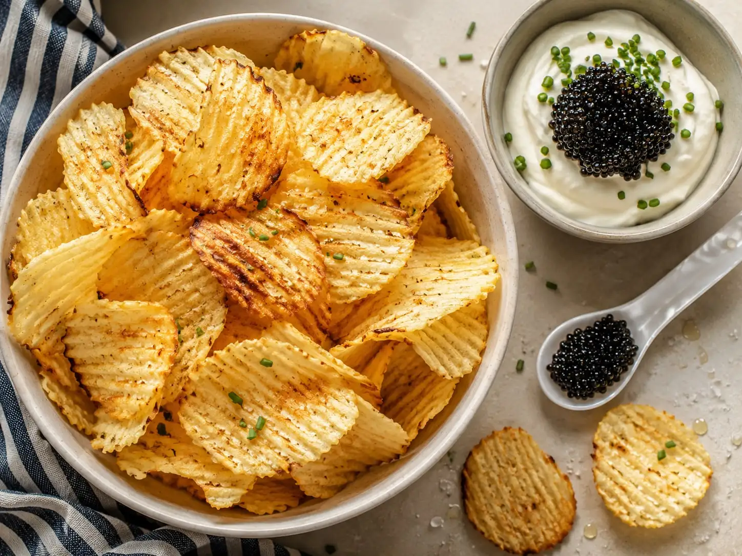 A bowl of ridged kettle potato chips beside a bowl of crème fraîche topped with black caviar and chives.