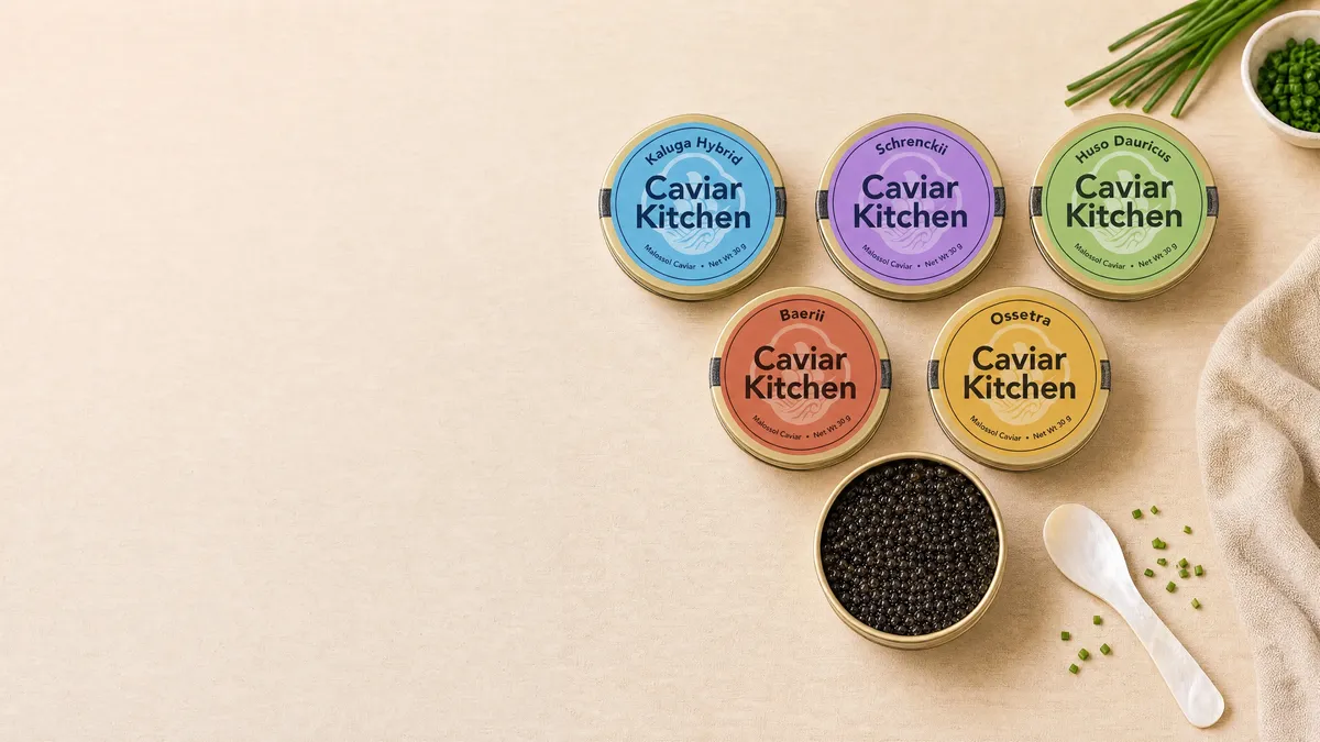 The five Caviar Kitchen tins, each named by its sturgeon species.