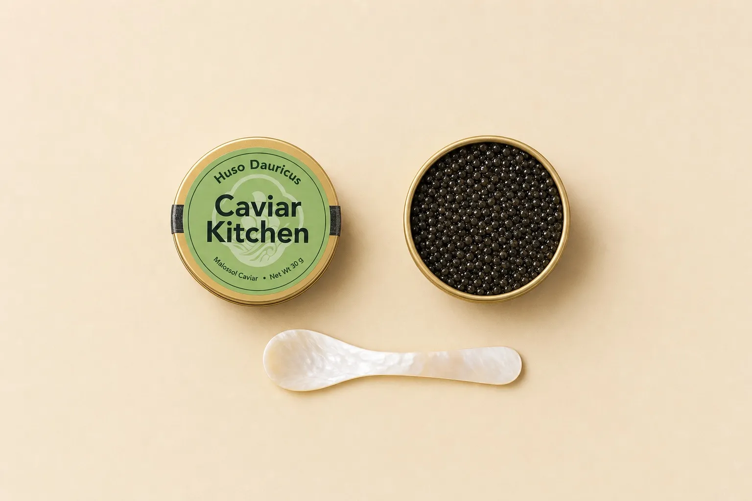 An open tin of Huso Dauricus caviar beside the Caviar Kitchen Huso Dauricus tin and a mother-of-pearl spoon