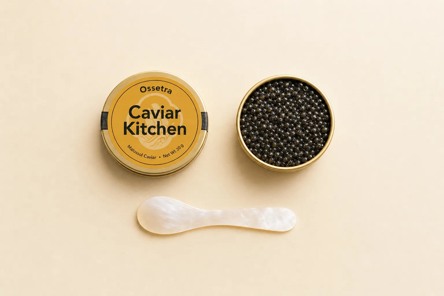 An open tin of Ossetra caviar beside the Caviar Kitchen Ossetra tin and a mother-of-pearl spoon