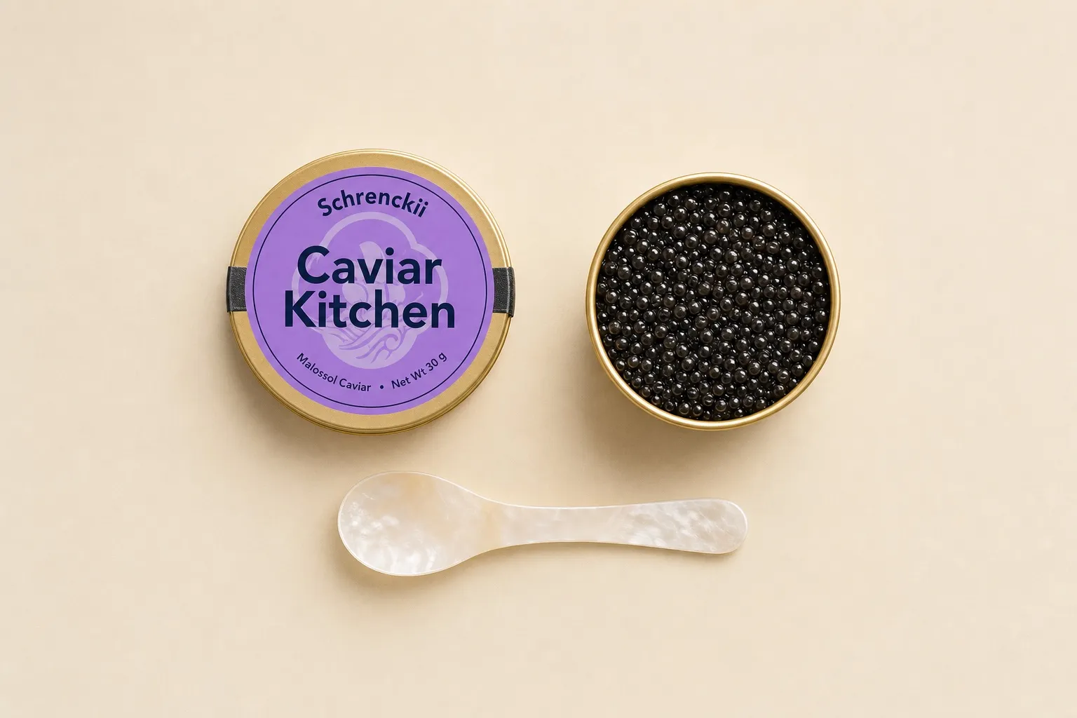 An open tin of Schrenckii caviar beside the Caviar Kitchen Schrenckii tin and a mother-of-pearl spoon
